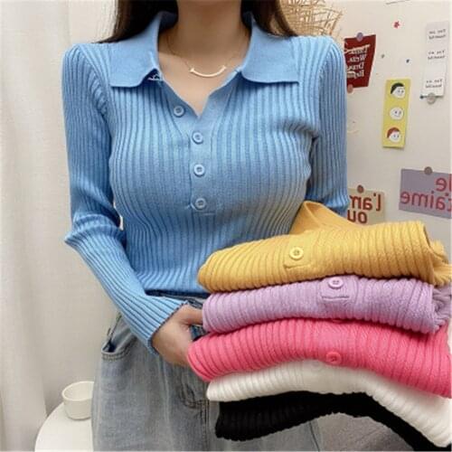 Casual Basic Autumn Winter Button Sweater Women Long Sleeve Turn-Down Collar Soft Knit sweater Pullovers Solid Female Jumper Top