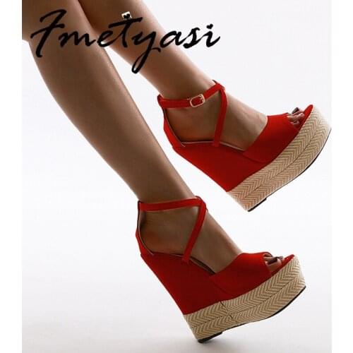 Wedge Heel for Woman Sandals Slip-on Straw Rope Weaving Platform Open Toe Buckle Strap Women Shoes High heels Roman Non Slip