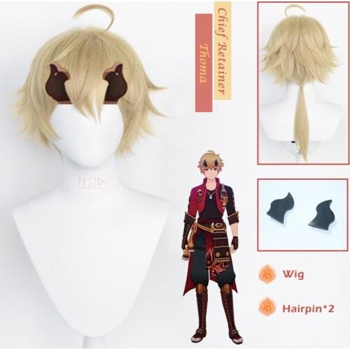 Thoma Cosplay Wig Game Genshin Impact Chief Retainer of The Kamisato Clan Golden Wig Hairpins Inazuma Hair + Wig Cap Accessories