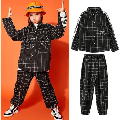 Hip Hop Costumes Boys Black Plaid Shirt Pants Kids Casual Street Wear Modern Jazz Drums Performance Clothing Hiphop Suit BL5669