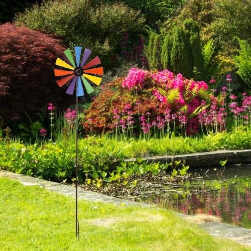 Waterproof Iron Garden Pinwheels Whirligigs Windmill Rainbow Colors for Lawn Garden Stakes Outdoor Whimsical Gifts