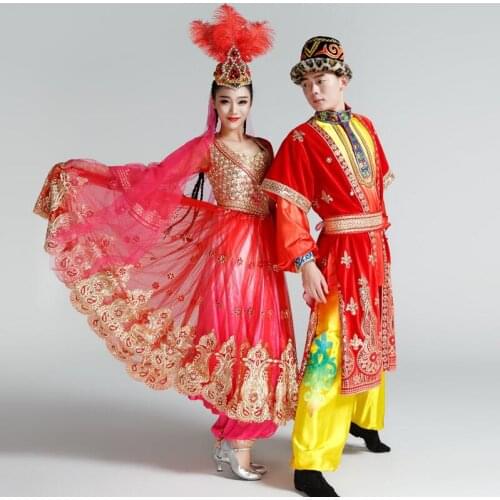 New ethnic minority high quality men women Uygur nationality in Xinjiang zhuang nationality stage dance dress dress+pants+hat