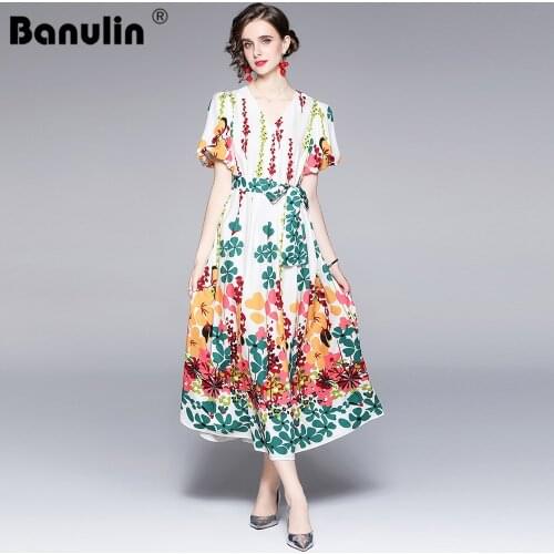 New 2021 Fashion Runway Summer Vintage Long Dress Women Loose Flare Sleeve Floral print Ruffles Elegant Vacation Dress N65642