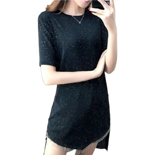 Fashion Summer Dress Heavy Metal Tassel Chain Irregular T-Shirt Dresses For Women 2021 New Black Slim-Fit Western Dress Trend