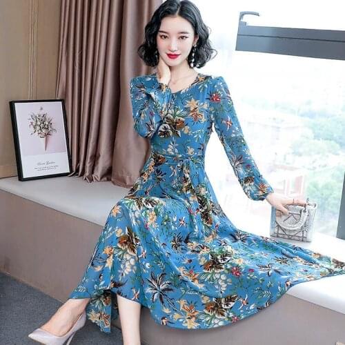 2021 Spring Autumn Elegant Fashion Chiffon Floral Dress O-neck Long Sleeve Lace-up A-line Dresses for Women Plus Size 4XL Y364