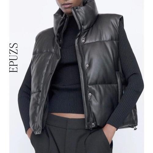 Winter jacket Black Warm Faux Leather Vest Coat Casual Zipper Sleeveless Jacket Female Short Outwear 2021