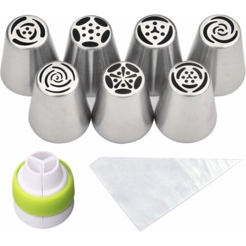 18 pc/set Russian Piping Tips (7 Russian Tips 10 Disposable Pastry Bags 1 Tri-Color Coupler) Cake Decorating Tools