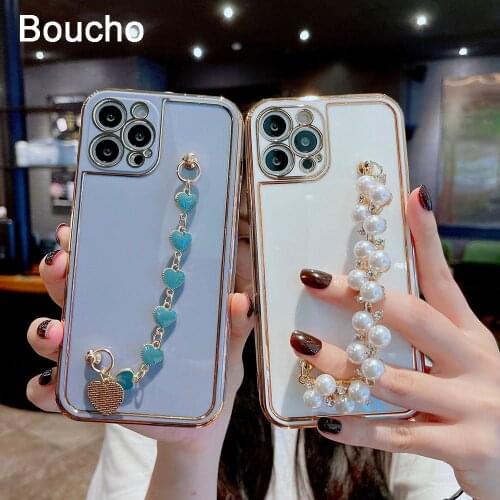 For iPhone 12 mini 12Pro Cases luxury Plating Phone Case For iPhone 11 Pro Max XS Max X XR 8 7 Plus pearl Wrist Chain Soft Cover