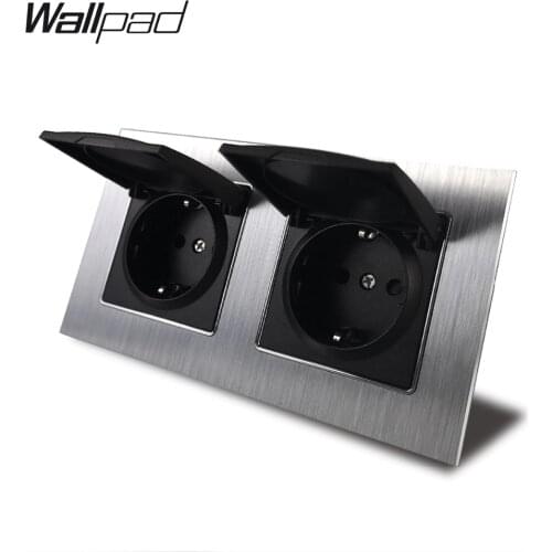 Metal Double EU Socket with Cap Wallpad 110V-240V AC Silver Satin Chrome Frame 16A EU European Wall Power Socket Claws Mount