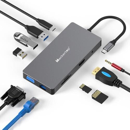 USB C Type C Hub 10-in-1 Type C Adapter,10 in 1 USB C Hub With 4K HDMI, VGA, 60W PD,and Audio Jack for MacBook Pro/Air Black