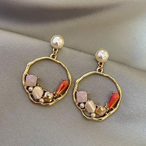 Yaologe Personality Semi-openwork Multi-element Geometric Golden Earrings Round Pendant Earrings Pearl Fashion Jewelry Women