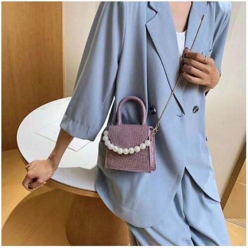 Small PU Crossbody Bags for Women Pearl Chains Small Flap Handbag Leather Shoulder Bag Females Bead Lattice Tote-bag Female 2021