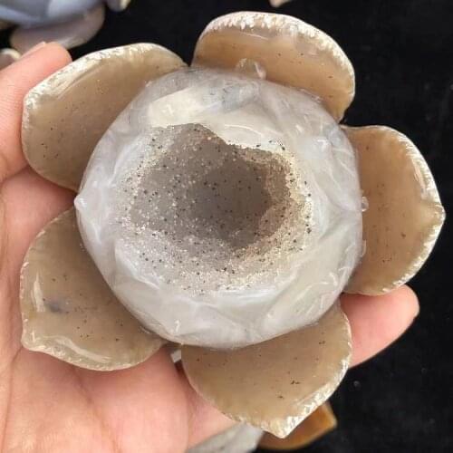 MOKAGY Natural Geode Agate Lotus Healing Crystal Stone Carved Ornament for Gift 200g-300g 1pc