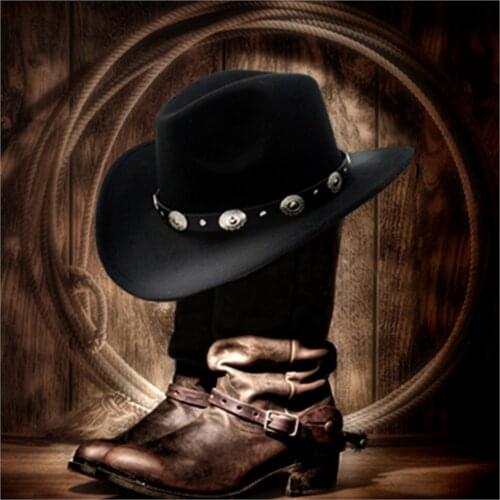 Men Wool Western Cowboy Hat For Womem Men Roll up Brim Cowgirl Jazz Cap With Leather Fedora Toca Sombrero Cap