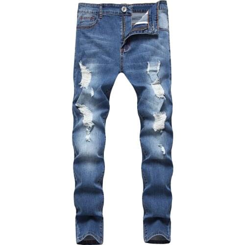 Spring and autumn new men jeans distressed hole stretch slim casual jeans cotton straight male denim pants