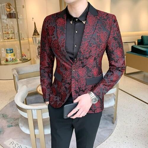 Iwhanker Luxury Party Prom Men Blazer Embroidered Wine Red Long Sleeve Coat Men Blazer Homme Slim Fit Mens Blazer Jacket