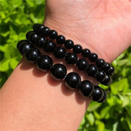 Natural Black Tourmaline Bracelet Round Bead Crystal Quartz Healing Stone Women Men Jewelry Gift