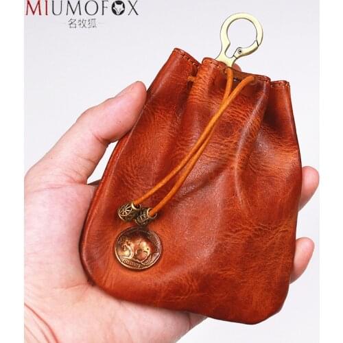 Handmade Original Leather Coin Purse for Men Women Waist Hang Money Pocket Bag Card Holder Drawstring Wrinkle Wallet with Hook