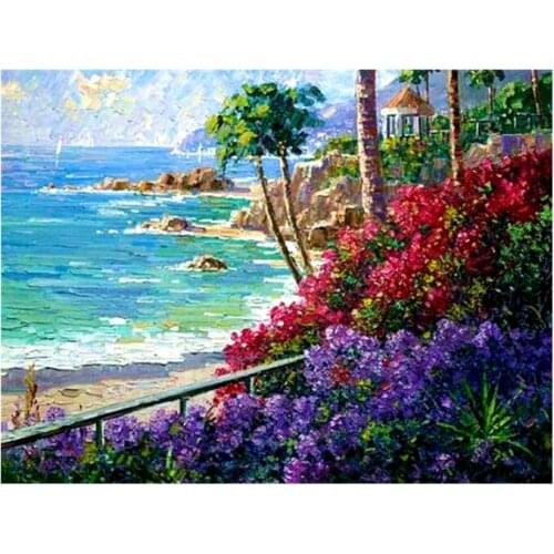 Seaside diamond mosaic palm tree embroidery painting landscape rhinestone wall sticker decor diamond art needlework handcraft
