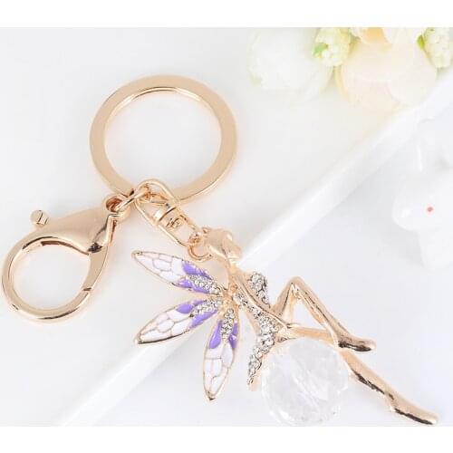 Rhinestone-Crystal Keychain Fairy-ball Tinkerbell-Angel-Wing Pendants Car Key Chain Holder Enamel-Keyring Souvenir Jewelry Gift