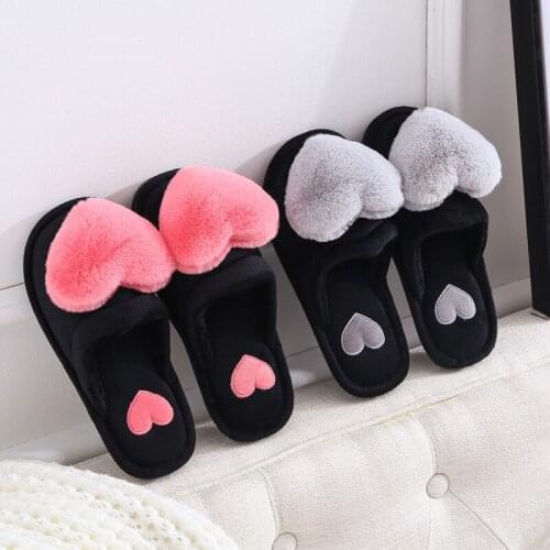 Women Slippers Love Heart Cotton Slippers Winter Fur Slides Ladies Home Furry Slippers Warm Indoor Shoes Claquette Fourrure -80