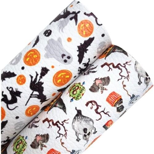 Halloween Witches Ghosts Pumpkins Printed Synthetic Faux Leather Vinly Fabric Sheets with Felt Backing DIY Bows 21X29CM R298B