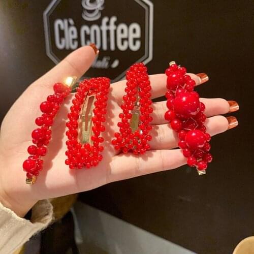 1 PCS Fashion Women Red Color Pearl Imitation Hair Clip Snap Barrette Stick Hairpin Hair Accessories New Arrival Drop Ship