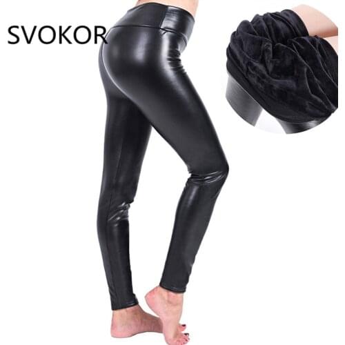 SVOKOR Women Velvet Warm Winter Leggings Womens Leather Pants Faux Leather Legging High Waist Trousers Black Plus Size S-5XL