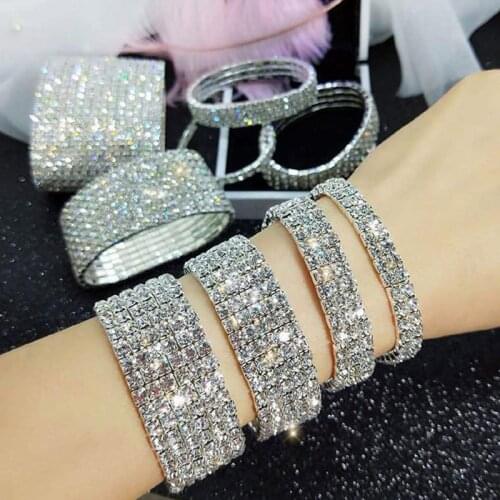 USTAR Shiny Multilayer Full Rhinestone Bracelet for Women female Silver Color Crystal Bangles Jewelry Wedding Gift