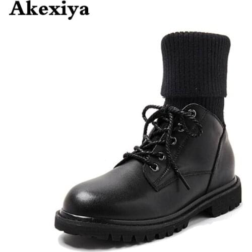 2019 new fashion casual female Martin boots knit comfortable breathable lace womens boots thick with tube womens shoes