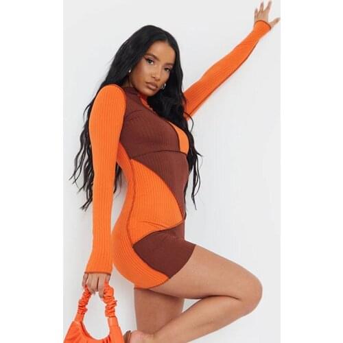 Women 2021 Autumn Winter Slim Color-Block Mini Dress Bodycon Knitted Long Sleeve O-Neck Sexy Street Female Short Dress