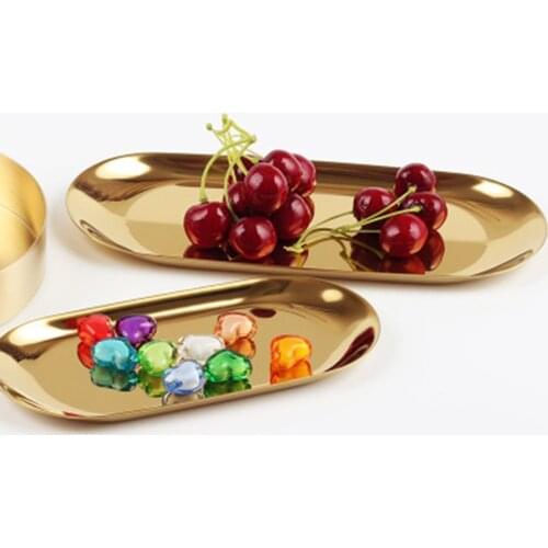 1pcs 180*80mm Gold Oval Plate European Jewelry Tray Stainless Steel Fruit Plate Metal Desktop Kitchen Tool Hot