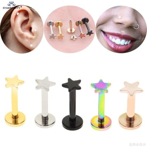 2pcs/lot 16G 6/8mm Five Star Labret Lip Ring Nose Ring Nose Piercing Helix Piercing Nostril Tragus Earrings Pircing Ear Jewelry