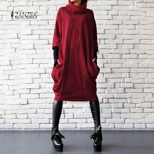 2021 Winter Sweatshirt Dress ZANZEA Fashion Women Turtleneck Long Sleeve Solid Sundress Autumn Long Pullover Vestidos Plus Size