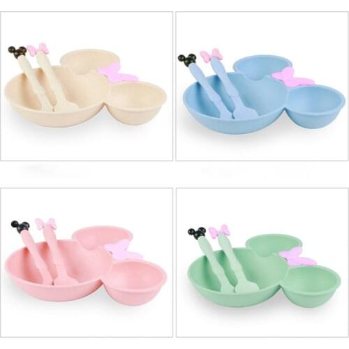 3Pcs/Set Wheat Straw Bowl Children Cartoon Tableware Set Baby Dinner Plate Baby Training Bowl Feeding Spoon Fork for Kids