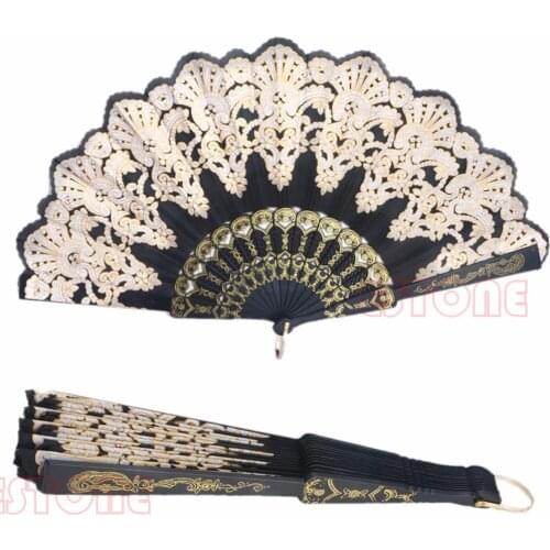 Black Spanish Style Lace Folding Hand Held Flower Fan For Dance Party Wedding