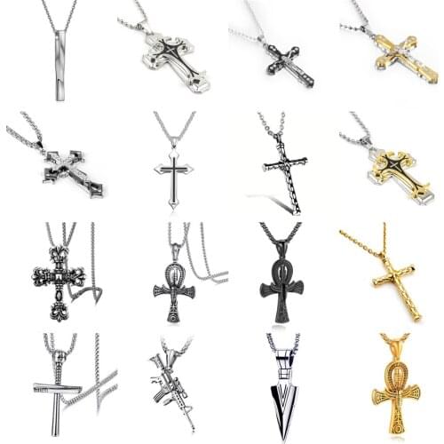 Punk Silver Gold Plated Long Chain Necklace with Cross Gun Shape Pendant Stainless Steel Men Necklace Hiphop Men Women Gift Jewe