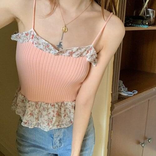Womens Sling Floral Printing Stitching Slim Bottoming Vest Top for Summer d88