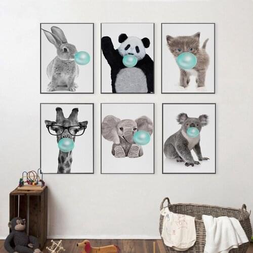 Cute Green Bubble Gum Animal Panda Giraffe Elephant Rabbit Canvas Art Painting Print Poster Picture on The Wall Home Decoration