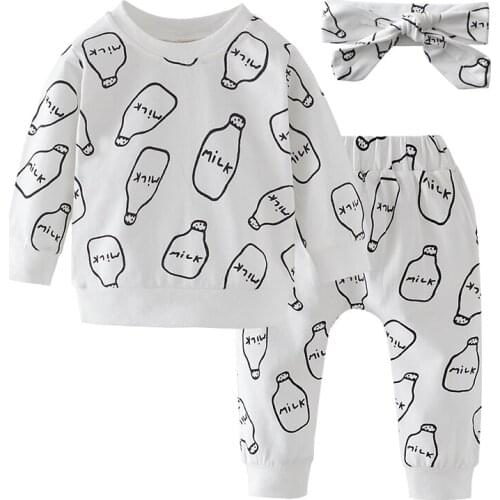 Infant Newborn Clothing Toddler Baby Girls Clothes 3Pcs Suit Cute Milk Print Cotton Autumn Outfits Set T-shirts Pants Headband