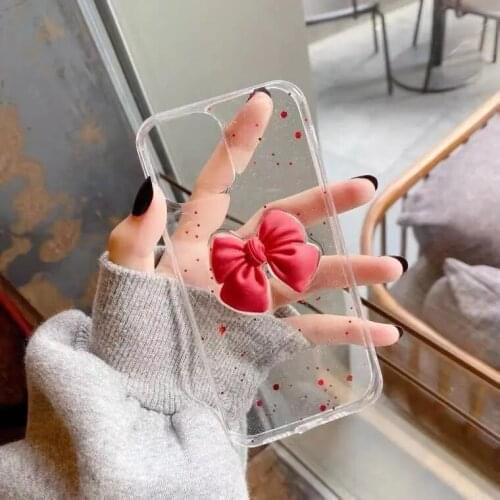 KOREA Red Bowknot Clear Glitter Phone Cases For iPhone 12/11 ProMax XR XS Max X 8 7 Plus SE2 Transparent Soft Silicon Cover