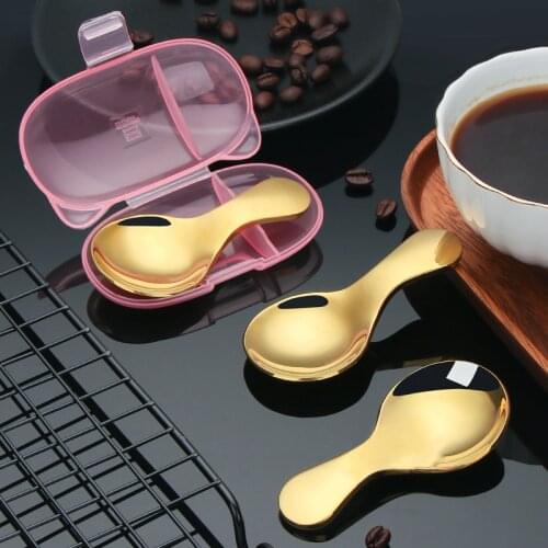 304 Stainless Steel Cute Travel Portable Short Handle Spoon Coffee Ice Cream Cake Children Rice Scoop With Box Mini Dinnerware