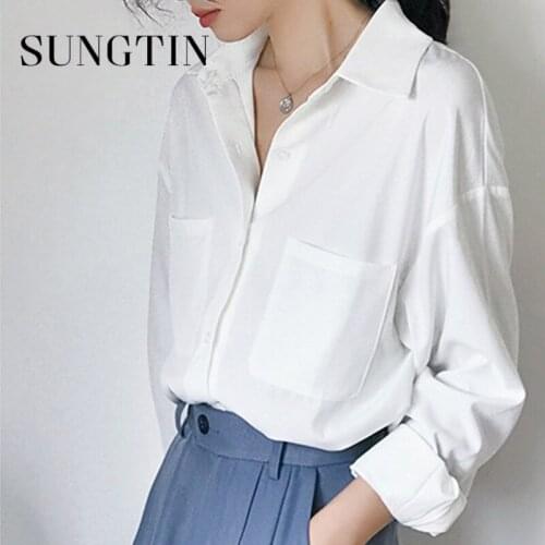 Sungtin Fashion Office Lady White Shirt Loose Long Sleeves Blouses Women Casual Solid Chiffon Female Korean Fashion Women Tops