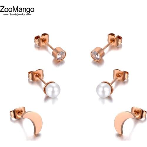 ZooMango Trendy Titanium Stainless Steel Moon Pearl Stud Earrings Jewelry 3Pair/Set Crystal Earrings For Women Girls ZE20208
