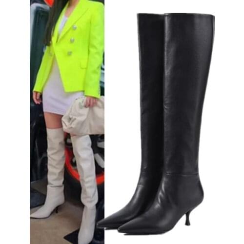 New Woman Black White Genuine Leather Over The Knee Boots Female 6 cm Thin Heels Pointed Toe Tube Long Boots Big Size 43