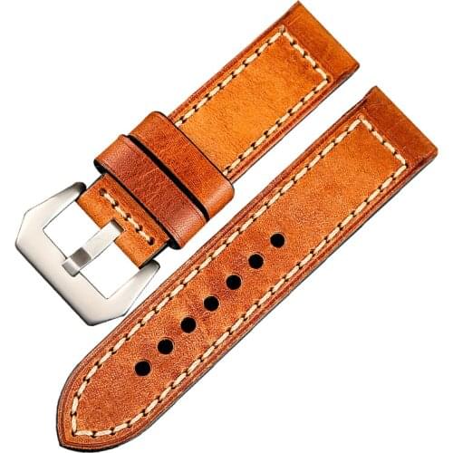 Orange Yellow Leather Bracelet 20 22 24 26MM H-Head Retro Calfskin Watchband Thickened Adapter for PAM Mens Strap
