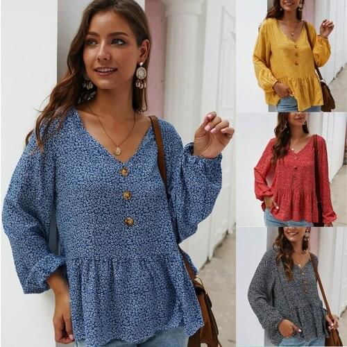 Autumn Floral Print Blouses Women 2020 Fashion V Neck Long Sleeve Button Elegant Ladies Casual Loose Shirts Lotus Leaf Edge Tops