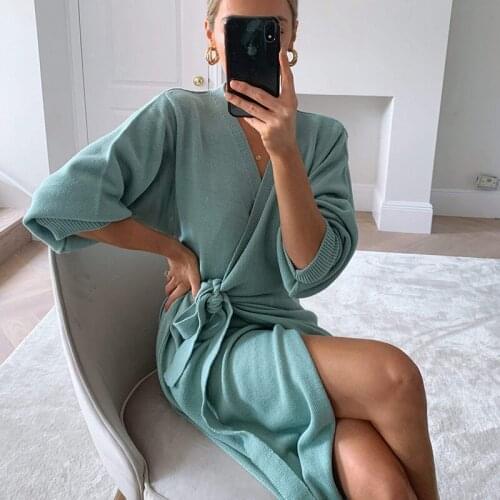 Autumn Winter Women Long Knitted Wrap Dress Oversize Elegant Pajamas Homewear Sexy V Neck Knitwear Robe