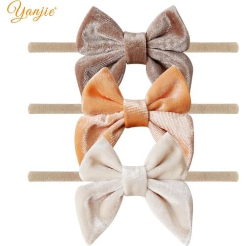 12pcs/lot 3'' Velvet Bow Nylon Headbands For Girls Smooth Velvet Hair Bow Elastic Skinny Khaki Nylon Hair Band Hair Accessories
