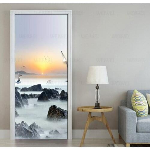 PVC Self-Adhesive 3D Door Sticker Rising Sun Ink Landscape DIY Wall Sticker For Living Room Door Home Decor 3D Wall Paper Poster
